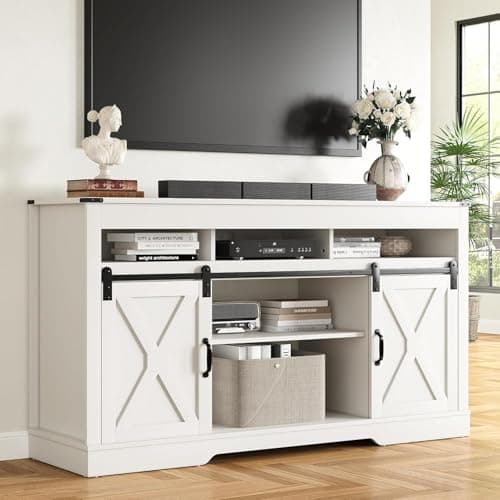 Image of SUNVIVI TV Stand Cabinet for TVs up to 65 Inch, Farmhouse Entertainment Center with Sliding Barn Doors, 147cm Media Console Table with Large Storage & Adjustable Shelves for Living Room (White)