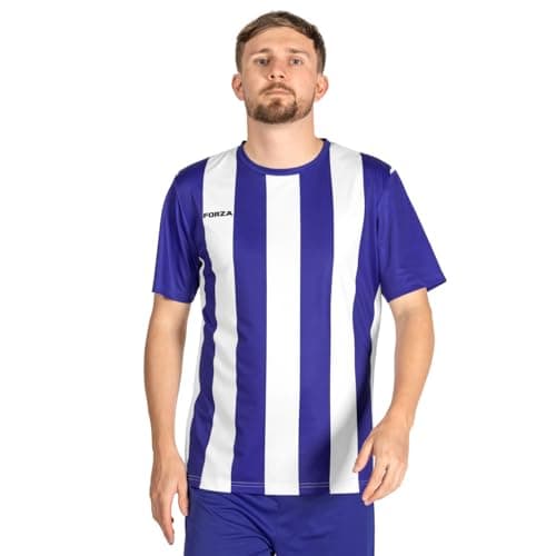Image of FORZA Men’s Striped Jersey Shirt [XS-XXL] – Premium Short Sleeve Football T-Shirts | 5 Stripe Colour Options (Blue and White, M)