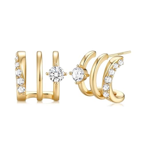 Image of Roheafer 14K Gold Plated Triple Huggie Illusion Stud Earrings for Women 925 Sterling Silver Post Small Claw Earrings for One Hole Dainty Cubic Zirconia Studs Lightweight Jewelry Gift(G-Round)