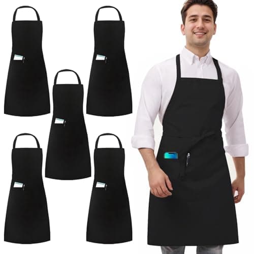 Image of umboom 5 Pack Black Chef Apron, Catering Aprons for Men Women, Professional Work Apron for Kitchen Cooking, Restaurant, Bistro, Bar, Café, Garden, Salon (1 Pocket)