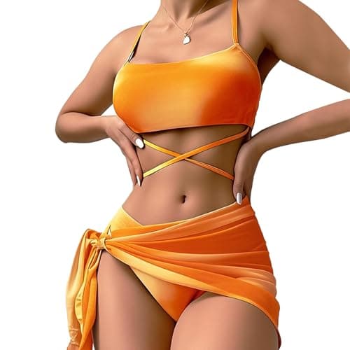 Image of UoQo 3Piece Women's Bikini Sets with Skirt Halter High Waisted Bikini Set Beach Swimsuit Swimwear Sexy Triangle Bikini Bottoms (UK, Alpha, S, Regular, Regular, Orange)