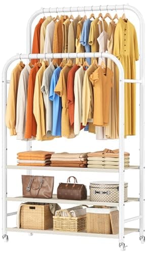 Image of HOMIDEC Double-Rod Clothes Rail, Heavy-Duty Clothing Rail with 3-Tier Dust-proof Fabric Non-Woven Shelves, Metal Garment Rack with Wheels for Bedroom, Holds up to 80 kg, White
