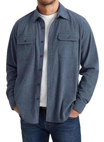 Image of Enlision Mens Corduroy Shirt Casual Button Down Shacket with Flap Pockets Retro Trucker Style Top Soft Touch Long Sleeve Blouse Spring Autumn Dusty Blue M