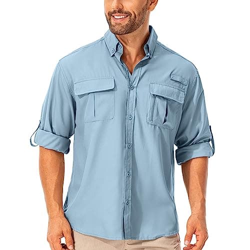 Image of mosingle Men's Long Sleeve Hiking Safari Shirt UV Protection Fishing Outdoor Sun Shirt Quick Drying Lightweight Walking Travel Shirts #5053-Blue-M
