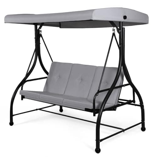 Image of COSTWAY 3 Seater Garden Swing Chair, Convertible Outdoor Hammock Bench Chair with Adjustable Canopy and Cushions, Steel Frame Porch Patio Swing Seat Lounger for Balcony, Deck and Poolside (Grey)