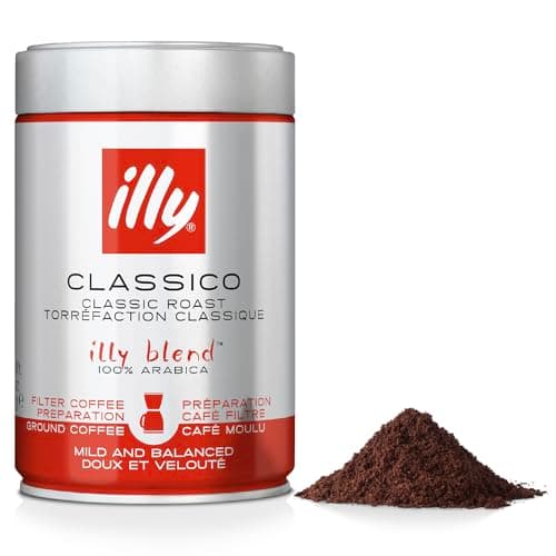 Image of illy Classico Ground Coffee, Medium Roast, 100% Arabica, Coarse Grind for Cafetiere & Filter Coffee, Suitable for Drip Coffee Makers, 250g Tin