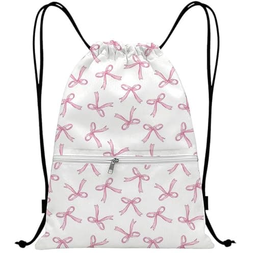 Image of RubyTint Pink Bow Drawstring Bag for Girls Kids Teens Women, Lightweight Large Capacity String Backpack with Decorative Front Zipper Detail for School Swimming Gym Travel Daily Use