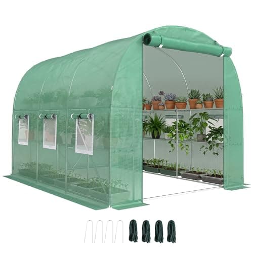 Image of Outsunny Walk-in Greenhouse with Shelves, Polytunnel Greenhouse with Roll-Up Door, 6 Mesh Windows, Outdoor Green House with PE Cover for Patio Garden, 198 x 275 x 191 cm, Green
