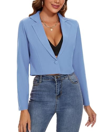 Image of MINTLIMIT Women's Suits & Blazers Cropped Linen Feel Classic Suit Jacket Long Sleeve Notched Lapel (Light Blue L)