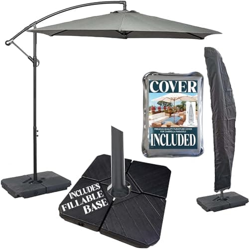 Image of GardenCo 3m Cantilever Banana Parasol INCLUDES BASES & COVER - Hanging Parasol with Crank Handle - Outdoor Garden and Patio Sun Shade (Grey)