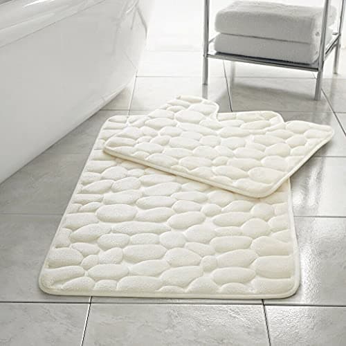 Image of EXQUIZIT HOME® Luxury Memory Foam Bath Mat Set 2 Piece – Non Slip Pebble Bathroom Rug & Pedestal Mat, Quick Dry Ultra Absorbent Soft Cushioned Mats 100% Polyester (Cream)