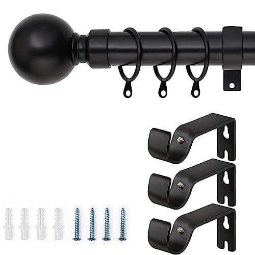 Image of AMEHA Curtain Poles Plain Metal Ball Extendable Curtain Pole Includes Adjustable Curtain Rod, 60 mm Finials, Rings, Brackets and Fitting Set (120-210cm, 48 Inch to 84 Inch, Matte Black)