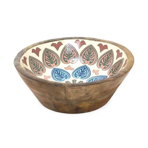 Image of Carousel Home Small Meze Wooden Enamel Bowl | Moroccan Inspired Mango Wood Fruit Bowl | Handcrafted Decorative Serving Dish - 20cm