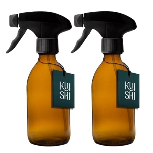 Image of Kuishi Glass Spray Bottle - 250ml Pack of 2 Refillable Spray Bottle for Cleaning, Plants & Hair, with Black Plastic Trigger, Amber BPA-Free Water Spray Bottle for Gardening & Essential Oils