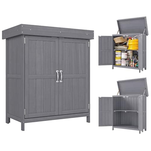 Image of Outsunny Small Shed, Wooden Garden Shed with Openable Hinged Roof and Removable Shelf, Outdoor Tool Storage Cabinet Chest with Double Doors, 74 x 43 x 88 cm, Grey