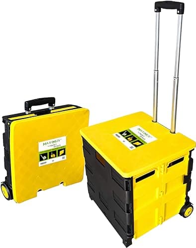 Image of Small Foldable Shopping Trolley on Wheels - 40kg Collapsible Cart with Lid - Box Crate Folds Flat for Storage - Heavy Duty Folding Dolly - Wheeled Grocery Carrier for Home & Office