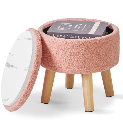 Image of IBUYKE 13 Inch Small Footstool Ottoman with Storage, Round Pouffe Foot Rest with Padded Seat and Wood Legs, Teddy Velvet Mini Footstool for Living Room Couch Bedroom Entryway, Pink WBD006P