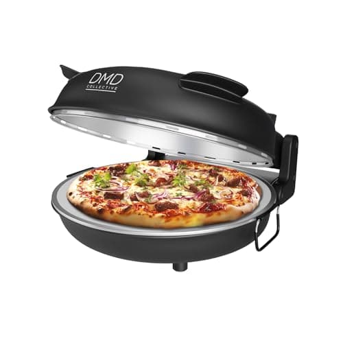 Image of DMD Collective - 12'' Electric Pizza Oven with Stone Base, Glass Window & 2 Pizza Paddles | Countertop Pizza Maker, Thermostat Control, 15min Timer, Portable Tabletop Oven 1200W