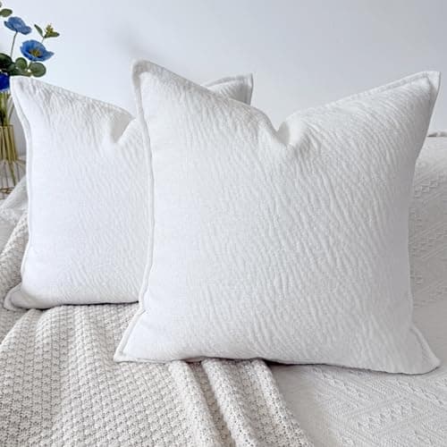 Image of OYIMUA Textured Chenille Cushion Covers 50cm x 50cm White 2 Pack Soft Square Pillow Cases Luxury Neutral Cushion Cover 20 x 20 inches Decorative Pillows Modern Sofa Home Decor
