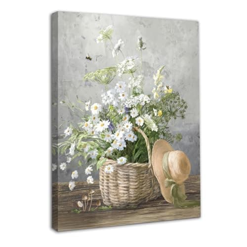Image of Dazzlewall Framed Daisy Flower Wall Art Decor Rustic Floral Prints, Farmhouse Botanical Canvas Wall Art for Bathroom Living Room Decor 12x16 in