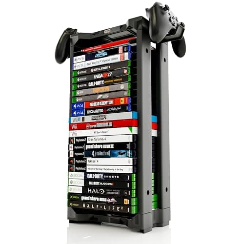 Image of ADZ Universal Game Holder – 23 Game Storage Tower Rack for PS2 PS3 PS4 PS5 PSP Xbox 360 Xbox One Series X Wii Switch Games DVD and Blu-Ray Disks. Includes 2 Controller Mounts (Black)