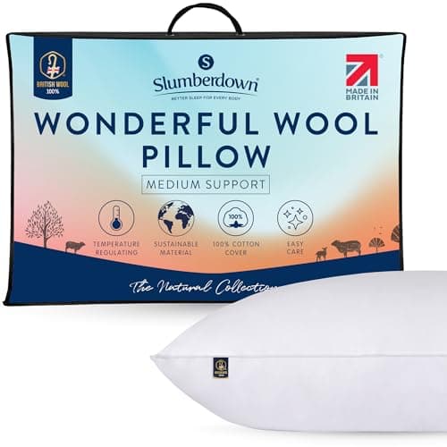 Image of Slumberdown 100% British Wool Pillow 1 Pack - Naturally Cooling & Moisture-Wicking for Hot Sleepers, Luxury Back & Side Sleeper Pillow - Hypoallergenic Cotton Cover, UK-Made (48 x 74cm)
