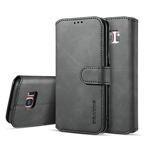 Image of UEEBAI PU Leather Case for Samsung Galaxy S7 Edge, Vintage Retro Premium Wallet Flip Cover TPU Inner Shell [Card Slots] [Magnetic Closure] Stand Function Folio Shockproof Full Protection - Black