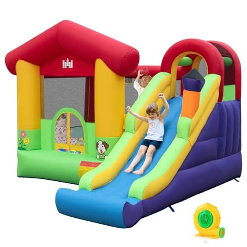 Image of Maxmass Inflatable Bouncy Castle, Kids Jumping House with Air Blower, Slide, Climbing Wall, Basketball Hoop & 50 Ocean Balls, Blowup Bouncer Playhouse for Indoor & Outdoor (5-in-1)