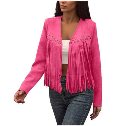 Image of Tassel Jackets for Women UK Faux Suede Leather Fringe Coat Vintage Cropped Jacket 70s Hippie Clothes Motor Biker Jacket Long Sleeve Tassels Cardigan Coats Outerwear Casual Short Shacket Jackets