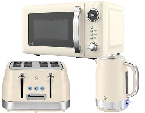 Image of Swan Retro Revive Cream Kitchen Appliance Bundle – 1.7L Rapid Boil Kettle, 4 Slice Toaster & 800W 20L Digital Microwave, Retro Gloss Finish with Chrome Accents