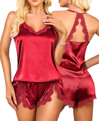 Image of RSLOVE Sexy Pjs for women Sets - Satin Pyjama Set Short Sleepwear 2 Pieces Nightwear Red XXL