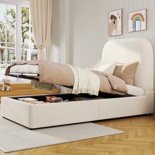 Image of Merax 3ft Single Ottoman Bed with Hydraulic Lift Storage, Upholstered Velvet Bed Frame with Round Corner Headboard, Children's Bed for Bedroom, Beige, 90x190cm, No Mattress
