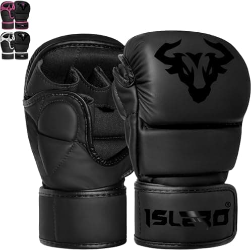Image of Islero Fitness Matte Black MMA Gloves Martial Arts Mitts Grappling Sparring Men Muay Thai Cage Fighting Boxing Combat Sports Women pink UFC Punching Bag Training (Black, Medium)