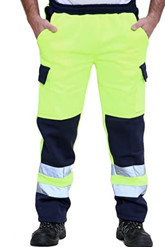 Image of Mens Hi Vis Combat Trousers Hi Viz Workwear High Visibility Reflective Tape Band Work Fleece Safety Warm Security Bottoms Sizes: Small - XXXXXL (as8, alpha, l, regular, regular, Yellow-Navy)