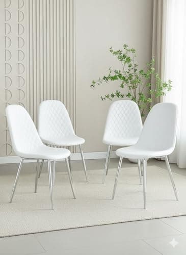 Image of ASR INTERIORS Set of 4 White Faux Leather Dining Chairs with Chrome Legs | Modern High Back Upholstered Quilted Chairs – Contemporary Kitchen, Dining Room, Lounge, or Office Seating (White)