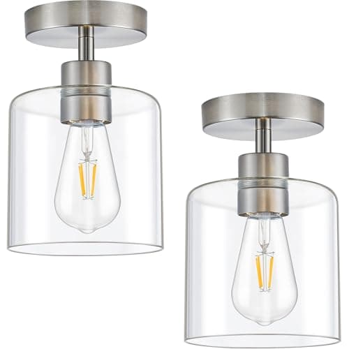 Image of WOKNOS Industrial 2 Pack Clear Glass Semi Flush Mount Ceiling Lights,E27 Nickel Metal Base Ceiling Lamp,Light Fittings Ceilings for Kitchen,Hallway,Bedroom,Living Room,Landing,Porch