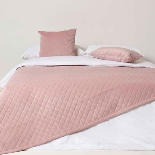 Image of HOMESCAPES Pink Velvet Throw 150 x 200 cm Super Soft Thick Quilted Blanket with Handwoven Diamond Pattern Bedspread Bed or Sofa Throw