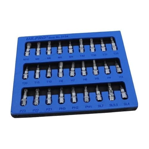 Image of US. PRO 27 Piece 1/4" Drive 38mm Mixed Bit Socket Set, Chrome Vanadium with S2 Bits, Star Hex Spline Slotted Phillips Pozi, with EVA Storage Tray