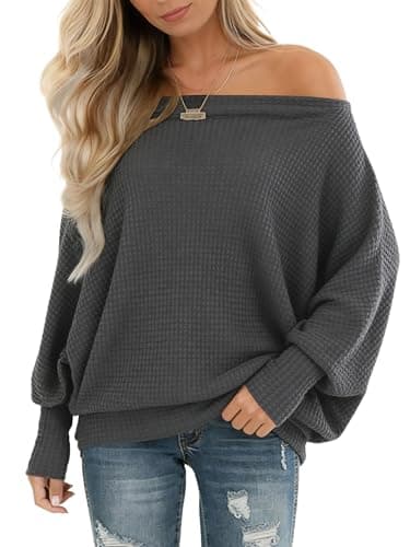 Image of Dressmine Ladies Top Cold Shoulder Off Shoulder Tunic Tops Batwing Long Sleeve Shirts Waffle Knit Oversized Sweater Deep Gray Size 10