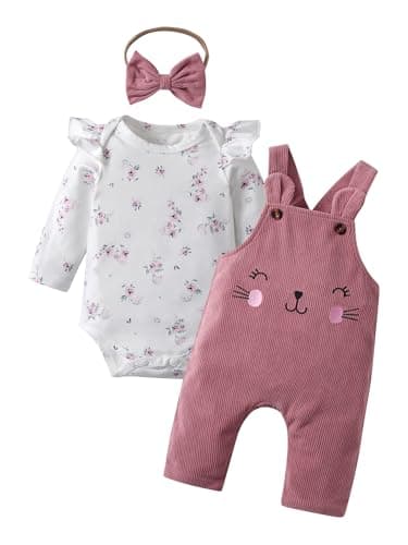 Image of Derouetkia Infant Baby Girl Clothes Floral Print Tops + Suspender Pants Outfit Sets, Pink, 6-9 Months