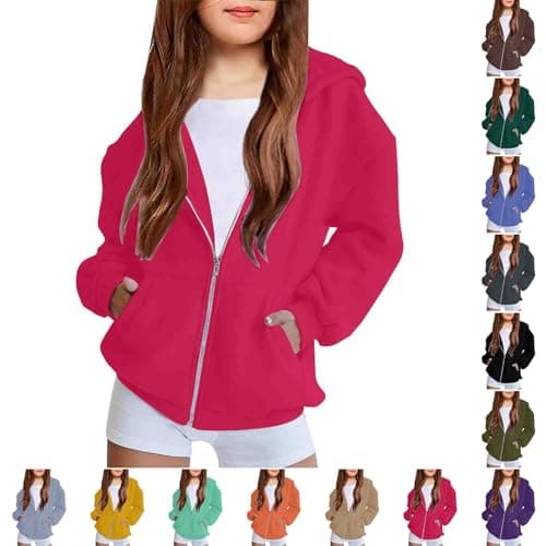 Image of Girl Zip up Hoodie Sweatshirt Age 9-10 Years Cute Sweatshirts for Teen Girls KidsFleece Full-Zip Stylish Cropped Pullovers Spring Fall Jackets with Pockets Casual Clothing Hot Pink