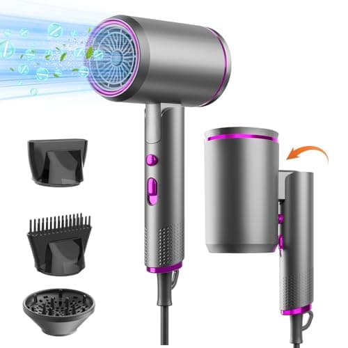 Image of Ionic Travel Hairdryer Foldable Hair Blow Dryer Professional 2400W Hair Dryer with Diffuser Nozzle Hairdryers for Women Men, Powerful Airflow Quick Drying & Easy to Carry, Grey/Purple