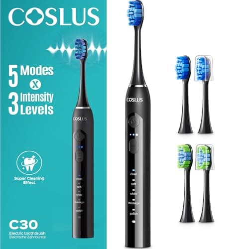 Image of COSLUS C30 Sonic Electric Toothbrush for Adults: Deep Teeth Cleaning & Whitening - 5 Modes & 3 Intensity Levels for Sensitive Teeth & Braces, 2 Types of Brush Heads 2Hours Charge, Black & Black Button