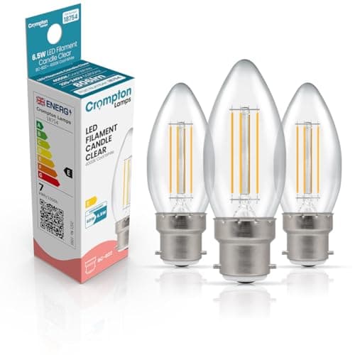 Image of Crompton Lamps Filament Candle LED Light Bulb BC-B22d | 6.5W = 60W Equivalent | Cool White 4000K | Energy Efficient | Bayonet Lightbulb | Long Life 15,000-Hrs | Clear Glass | Dimmable | 3-Pack