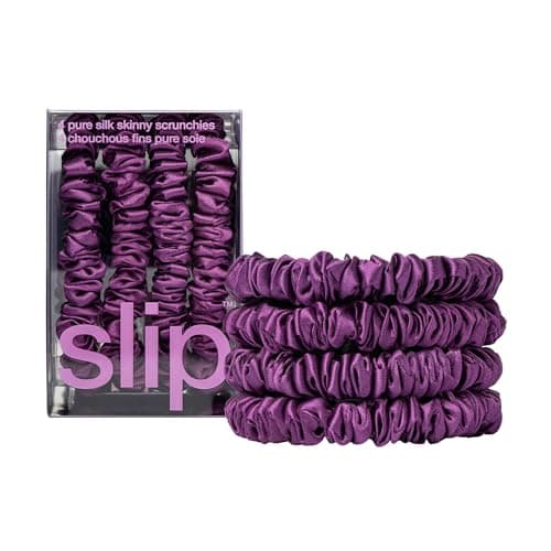 Image of slip Skinny Dark Purple Scrunchies - Back to School Range - Anti-Crease, Anti-Breakage Slipsilk Hair Ties - Design Protects Delicate Hair - Includes 4 x Pure Silk Scrunchy For Hair Pony Tails