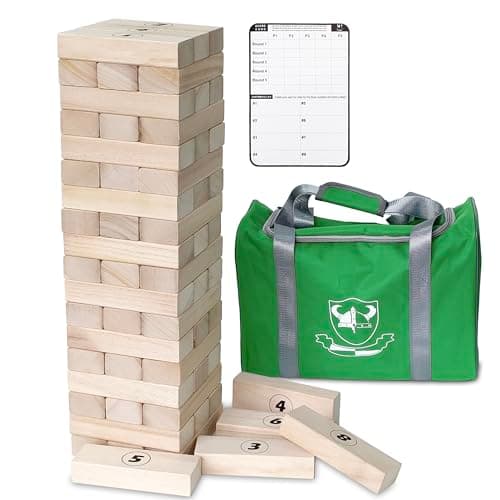 Image of Jac & Mok Tumble Tower Game Wooden Blocks Stacking Timber Game Includes Carry Case (Classic, 56 Wooden Blocks)