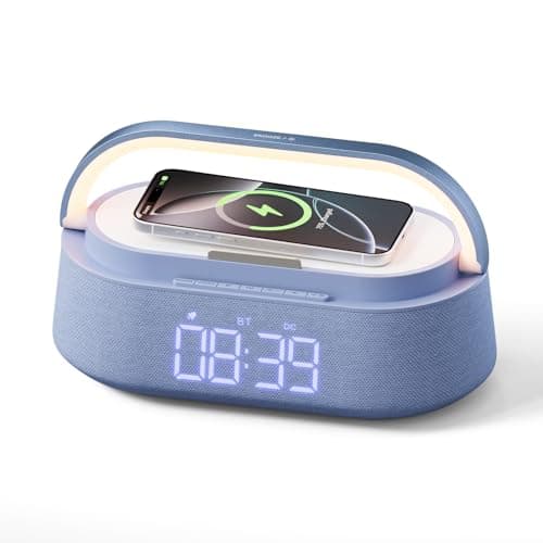 Image of FREEFISH Bluetooth Speaker with Wireless Charger, FM Radio, Adjustable LED Night Light, 15W Wireless Charging for iPhone, 10W Dual Speakers, 2500 mAh Battery, Bluetooth 5.0