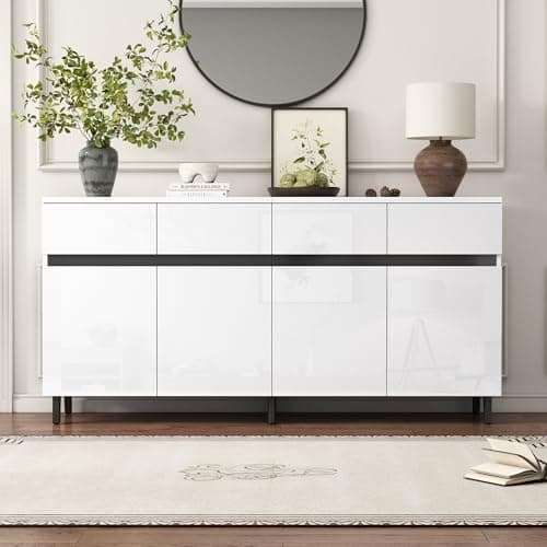 Image of BTM Storage Cabinet, Sideboard Buffet with 4 Drawers 4 Doors, High Gloss Cabinet with Adjustable Shelves, Chest of Drawers, Standing Cabinet, Cupboard Buffet, 160 * 40 * 68cm, White