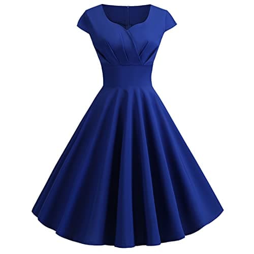 Image of Women's 1950s Audrey Hepburn Vintage Rockabilly Tea Dress - A-Line Swing Cocktail Party Short Sleeve Retro Flowy Pleated Dance Gown in Blue