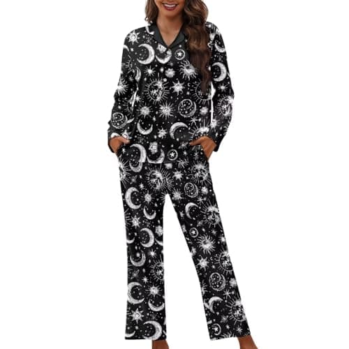 Image of Dngkaoje Stars Above Pajamas Women Moon and Stars Pajamas Set Soft Moon and Stars Lounge Pants Plus Size Button Up Pjs Ladies Long Sleeve Sleepwear Juego De Dormir Para Mujer M